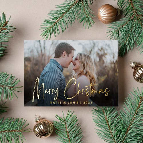 Chic Script Calligraphy Christmas Couple Photo Foil Holiday Card