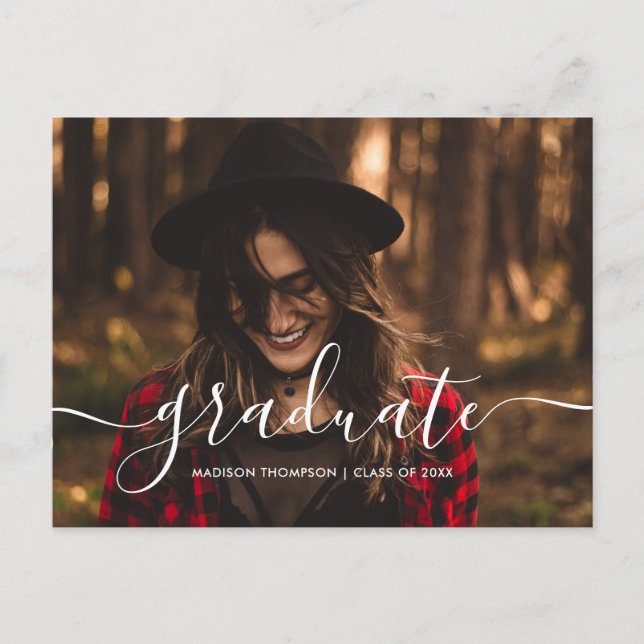 Chic Script Calligraphy Graduation Photo Announcement Postcard (Front)