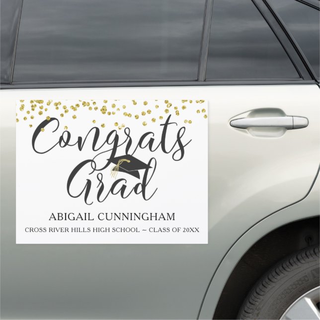 Chic Script CONGRATS GRAD Gold Confetti Graduation Car Magnet (In Situ)