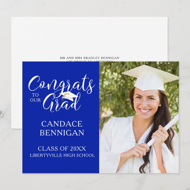 Chic Script CONGRATS GRAD Typography Royal Blue Announcement (Front/Back)
