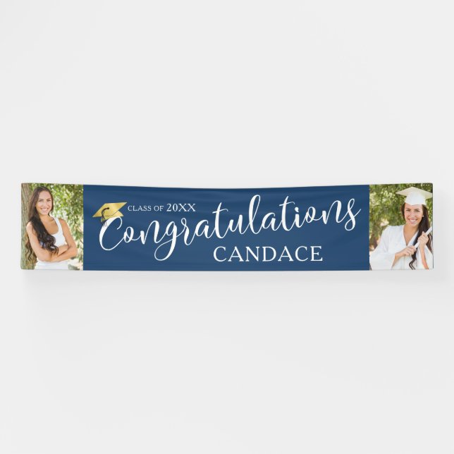 Chic Script CONGRATULATIONS Photo Graduation Blue Banner (Horizontal)