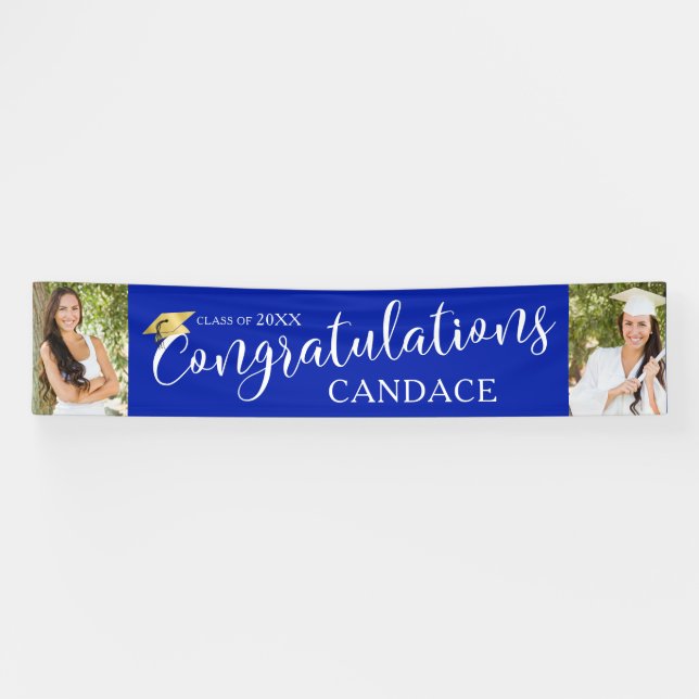 Chic Script CONGRATULATIONS Photo Graduation Blue Banner (Horizontal)