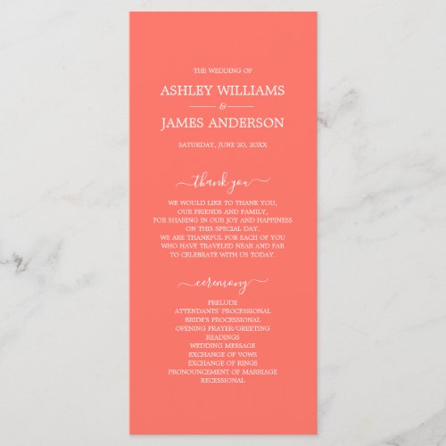 Chic Script Coral Simple Minimal Wedding Program
