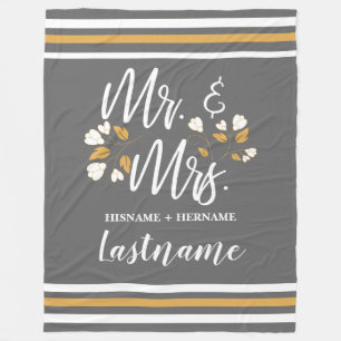 Chic Script Custom Mr and Mrs Gray Gold Stripes Fleece Blanket