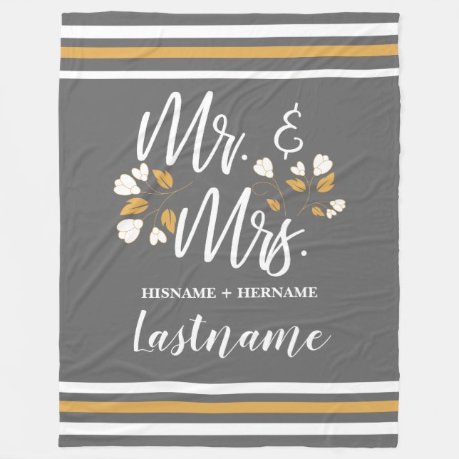 Chic Script Custom Mr and Mrs Gray Gold Stripes Fleece Blanket (Front)