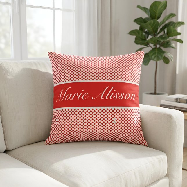 Chic Script Custom Name Red Polka Dots Pattern Throw Pillow (Creator Uploaded)
