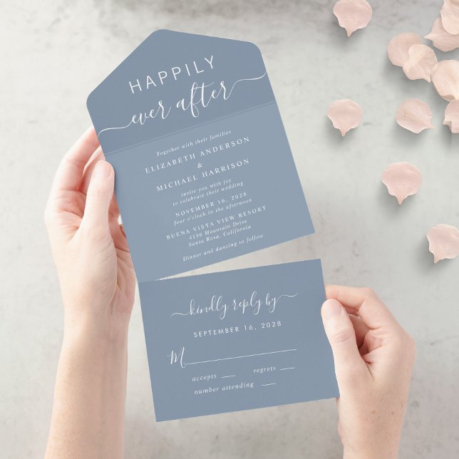 Chic Script Dusty Blue Wedding All In One Invitation (Creator Uploaded)