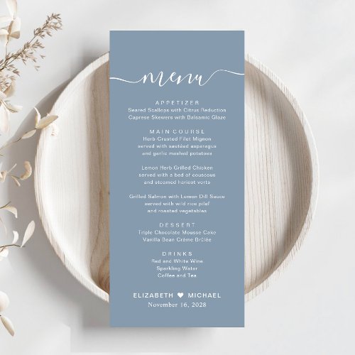 Chic Script Dusty Blue Wedding Menu