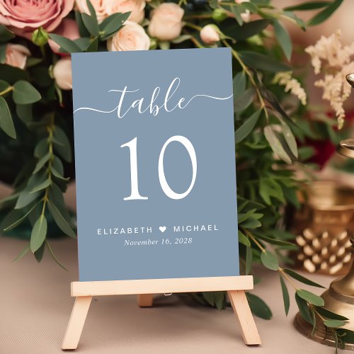 Chic Script Dusty Blue Wedding Reception Table Number
