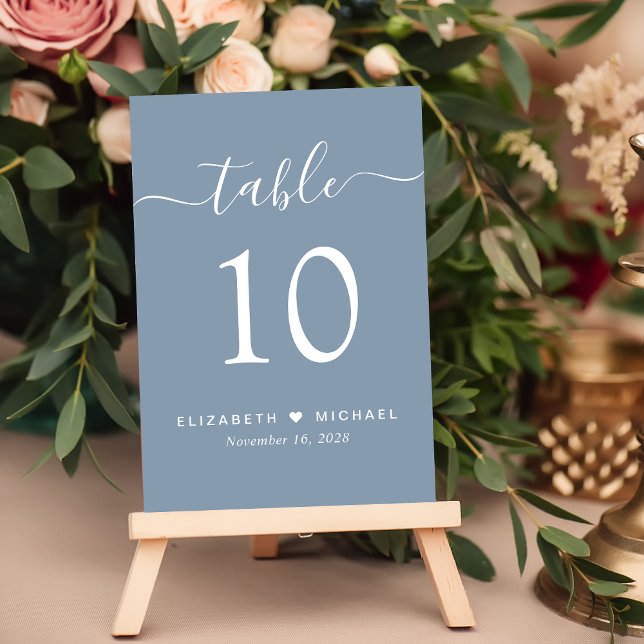 Chic Script Dusty Blue Wedding Reception Table Number (Creator Uploaded)