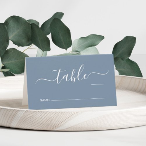 Chic Script Dusty Blue Wedding Table Number Place Card