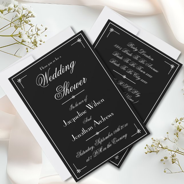 Chic Script Elegant Black & White Wedding Shower Invitation (Elegant Script, Chic Black & White Invitation for a Wedding Shower.)