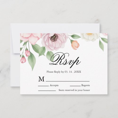 Chic Script Elegant Pastel Peony Wedding Reply RSVP Card