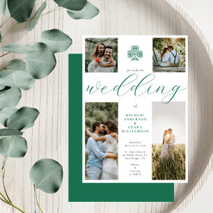 Chic Script Emerald Irish Cross 4 Photo Wedding  Invitation
