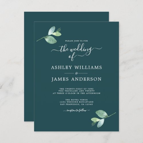 Chic Script Eucalyptus Foliage Minimal Wedding Invitation