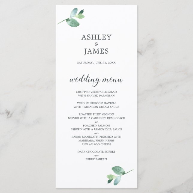 Chic Script Eucalyptus Foliage Minimal Wedding Menu (Front)