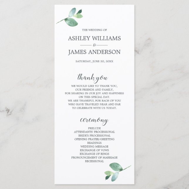 Chic Script Eucalyptus Foliage Minimal Wedding Program (Front)