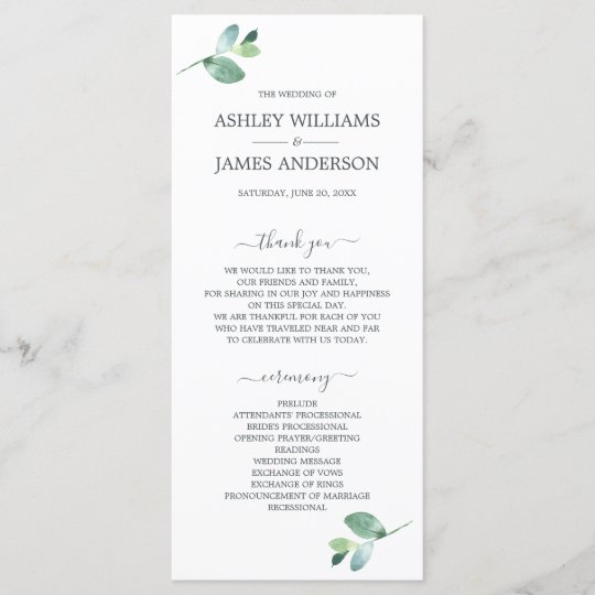 Chic Script Eucalyptus Foliage Minimal Wedding Program Zazzle Com