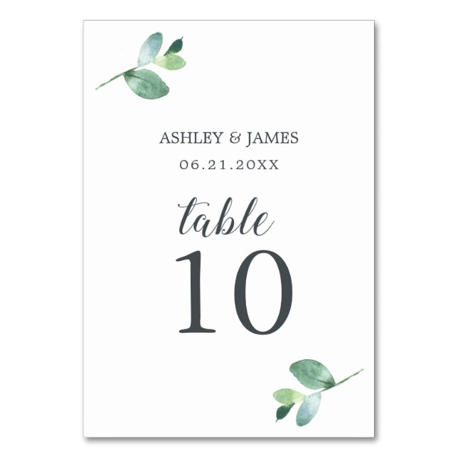 Chic Script Eucalyptus Foliage Minimal Wedding Table Number (Front)