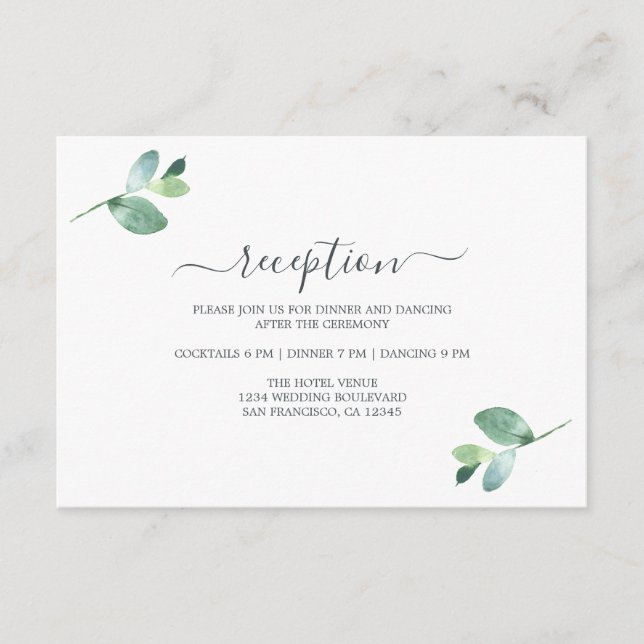 Chic Script Eucalyptus Foliage Wedding Reception Enclosure Card (Front)