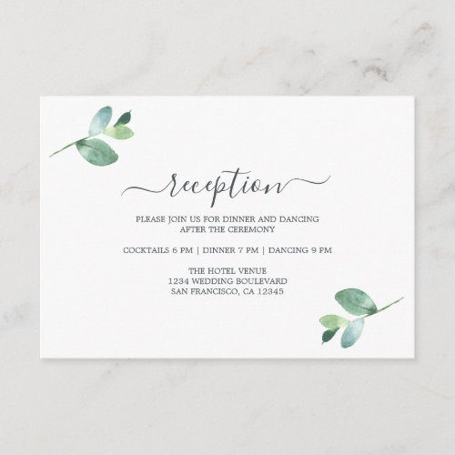 Chic Script Eucalyptus Foliage Wedding Reception Enclosure Card