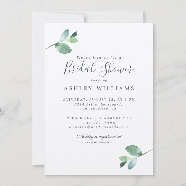 Chic Script Eucalyptus Greenery Bridal Shower Invitation (Front)
