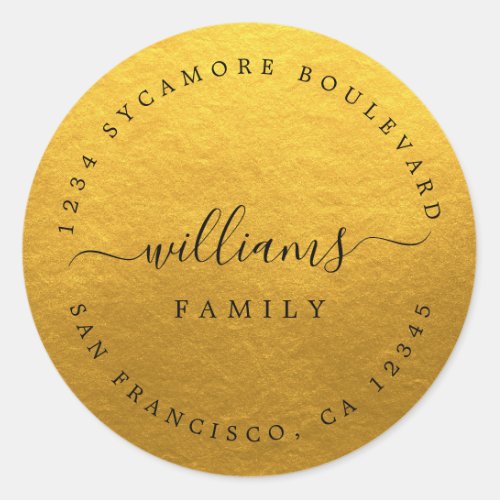 Chic Script Family Name Gold Return Address Classic Round Sticker