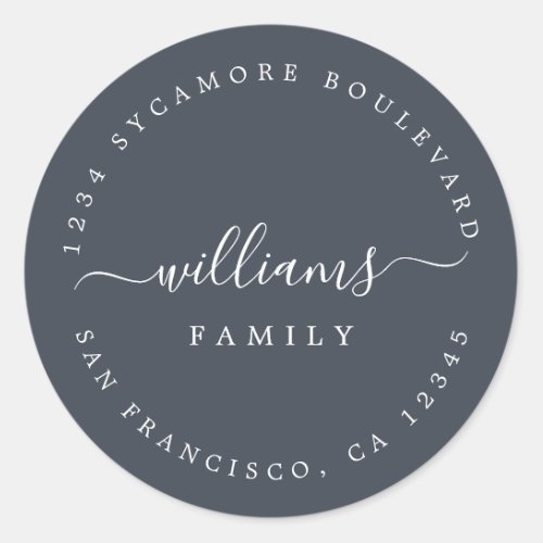 Chic Script Family Name Return Address Classic Round Sticker