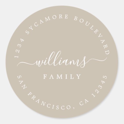 Chic Script Family Name Return Address Classic Round Sticker