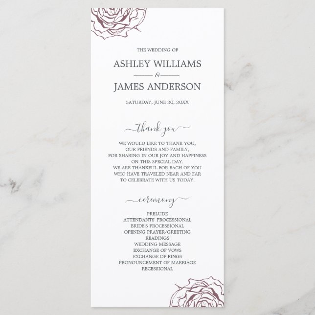 Chic Script Floral Burgundy Rose Simple Wedding Program (Front)
