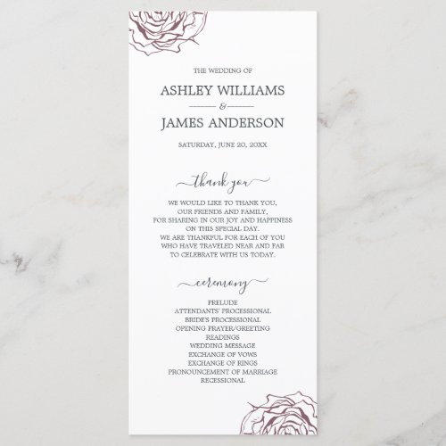 Chic Script Floral Burgundy Rose Simple Wedding Program