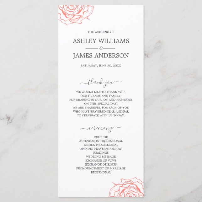 Chic Script Floral Coral Rose Simple Wedding Program (Front)