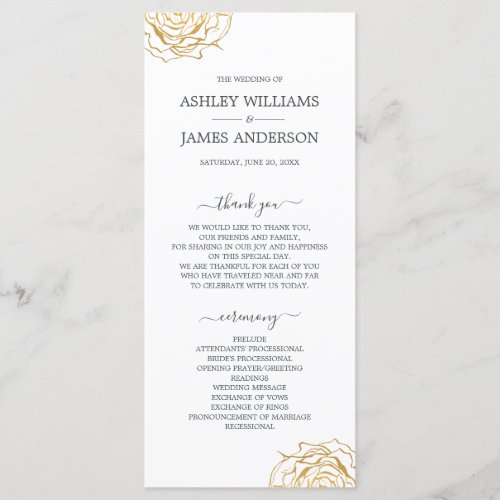 Chic Script Floral Gold Rose Simple Wedding Program