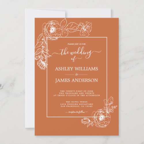 Chic Script Floral Outline Burnt Orange Wedding  Invitation