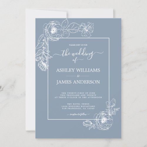 Chic Script Floral Outline Dusty Blue Wedding Invitation