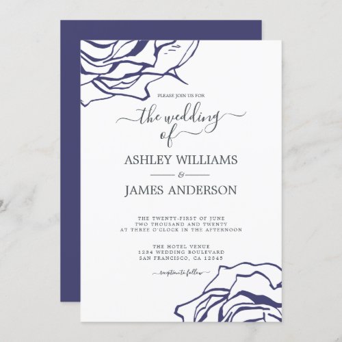 Chic Script Floral Outline Navy Blue Rose Wedding Invitation