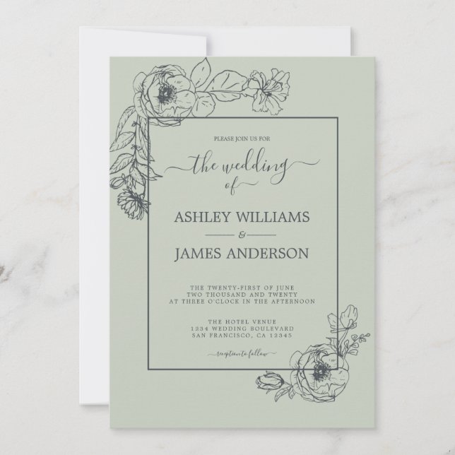 Chic Script Floral Outline Pastel Green Wedding Invitation (Front)