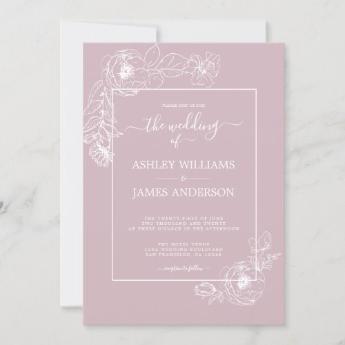 Chic Script Floral Outline Pastel Purple Wedding Invitation