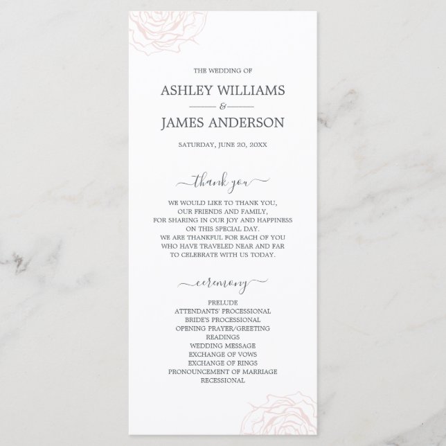 Chic Script Floral Pale Pink Rose Simple Wedding Program (Front)