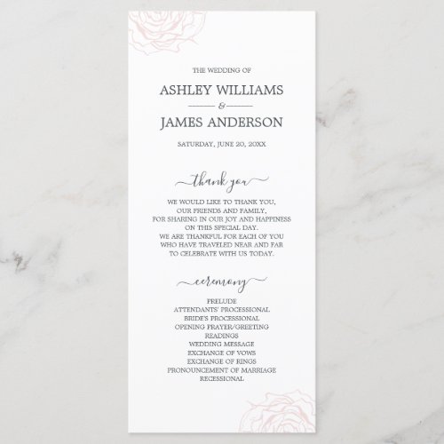 Chic Script Floral Pale Pink Rose Simple Wedding Program