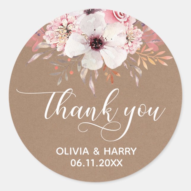 Chic Script Floral Wedding Favor Stickers | Kraft (Front)