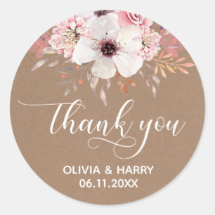 Chic Script Floral Wedding Favor Stickers   Kraft