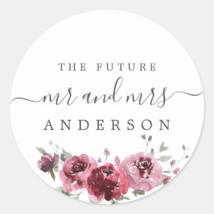 Chic Script Future Mr Mrs Burgundy Floral Classic Round Sticker