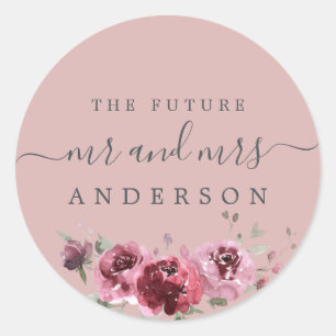 Chic Script Future Mr Mrs Burgundy Floral Pink Classic Round Sticker