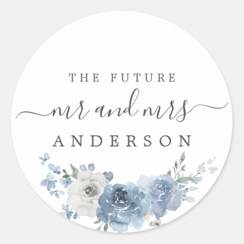 Chic Script Future Mr Mrs Dusty Blue Floral Classic Round Sticker