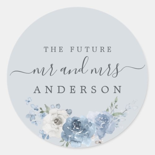 Chic Script Future Mr Mrs Dusty Blue Floral Classic Round Sticker