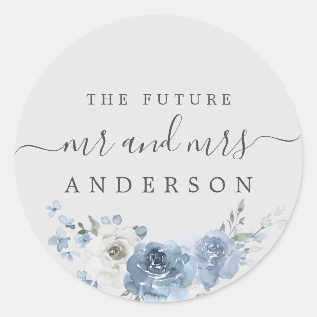 Chic Script Future Mr Mrs Dusty Blue Floral Gray Classic Round Sticker (Front)