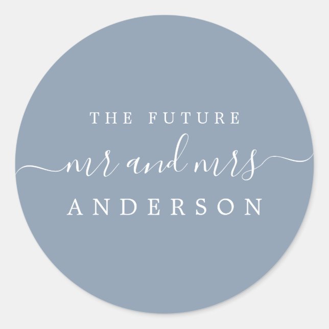 Chic Script Future Mr Mrs Dusty Blue Wedding Classic Round Sticker (Front)