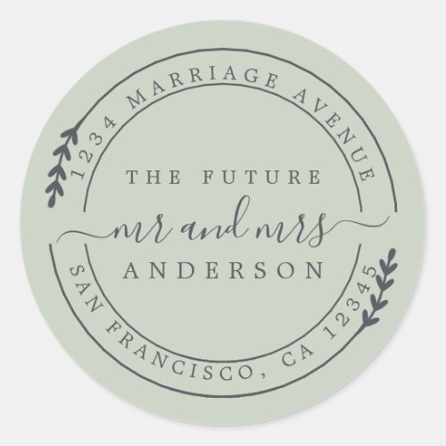 Chic Script Future Mr Mrs Green Return Address Classic Round Sticker