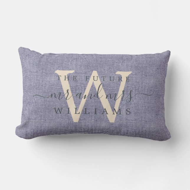Chic Script Future Mr Mrs Monogram Blue Linen Lumbar Pillow (Front)